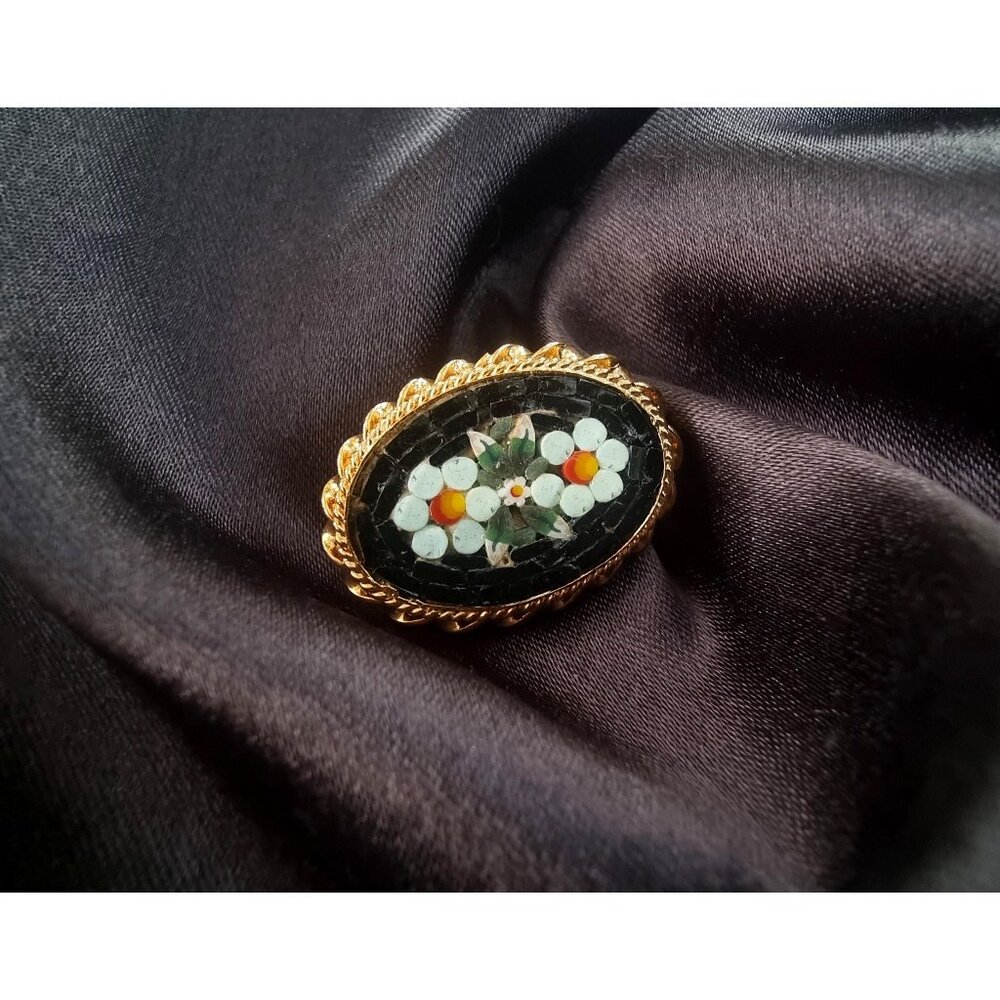 Vintage Italian Micro Mosaic Black Color White Flowers Brooch Pin